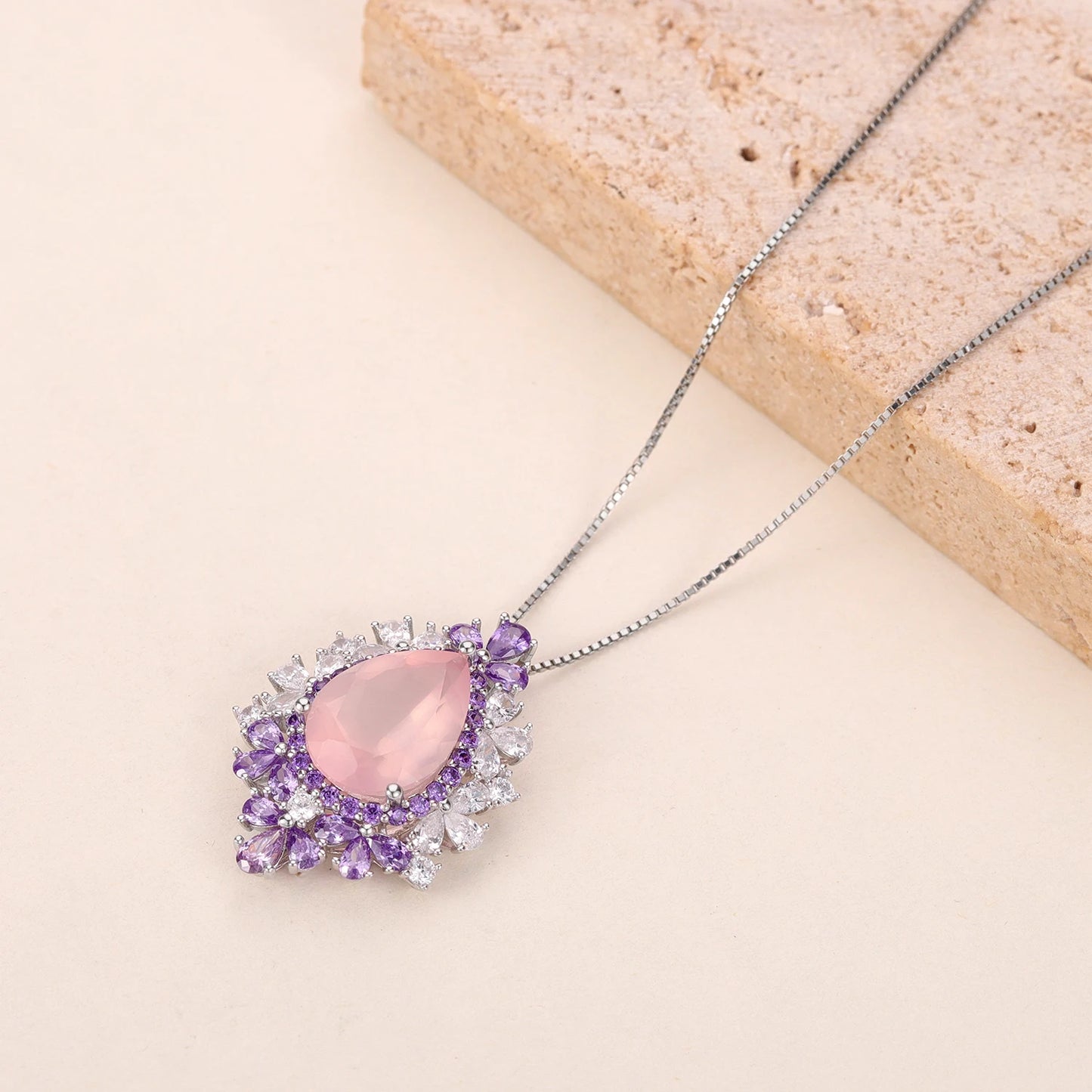 925 Sterling Silver Gemstone Nautral Rose Quartz Luxury Necklace-Pendant Gift for Her - My Store