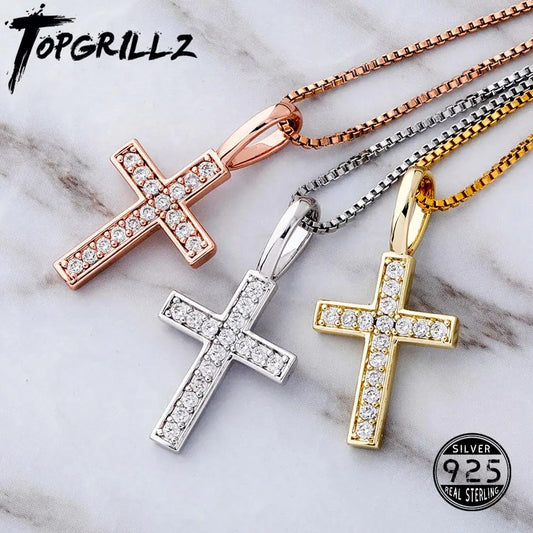 925 Sterling Silver Ice Zircon Cross Pendant Gold, Silver; Rose Gold Fashion Jewelry - My Store