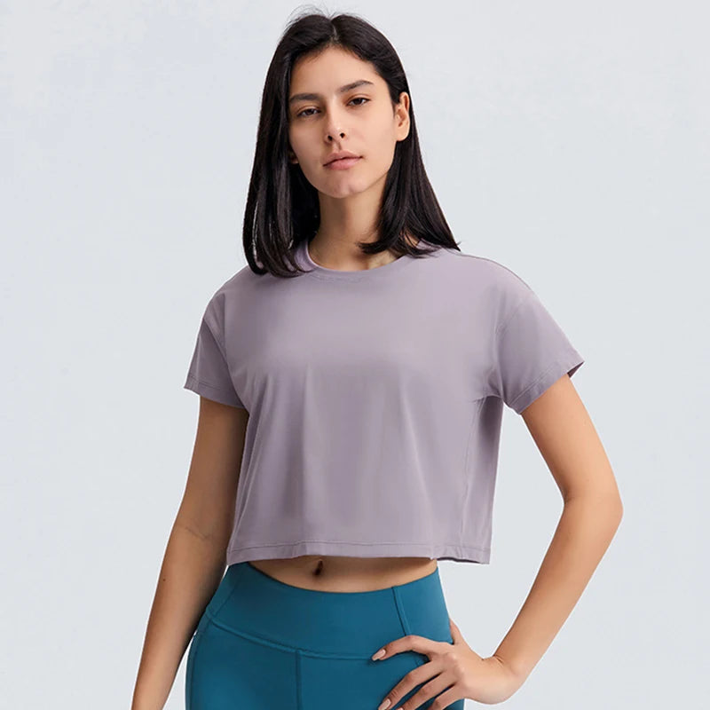 Loose Blouses Women Seamless Sport t-Shirts Sexy Yoga Crop Top Short Sleeve Running Shirts Solid Quick Dry Fitness Gym Crop Tops - My Store