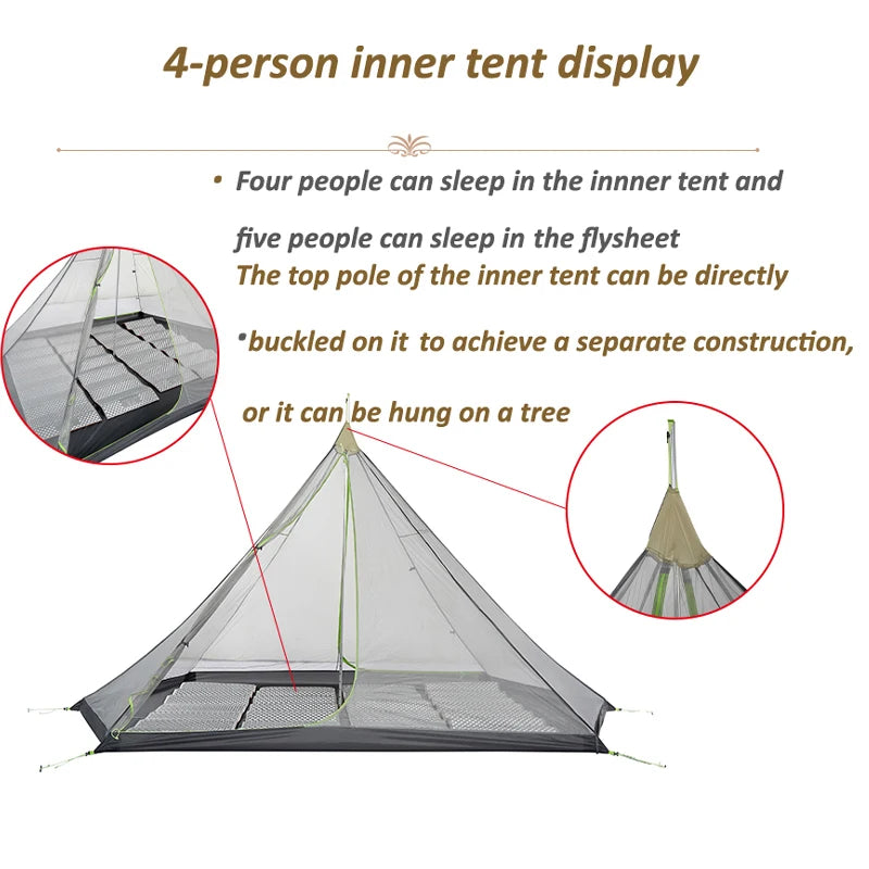 Pyramid tent bushcraft lightweight 4-5 people-outdoor-camping with snow skirt rainproof windproof tent - My Store