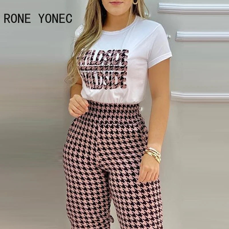 Women Houndstooth Letter Print Short Sleeve Top & Pants Set Summer Vacation Suit