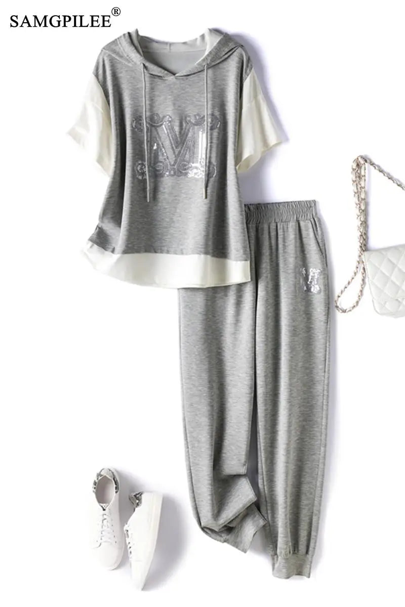 Summer Two Piece Sets For Women New Casual Sports Suit Hooded Embroidered Sweater+Pants Set 4XL