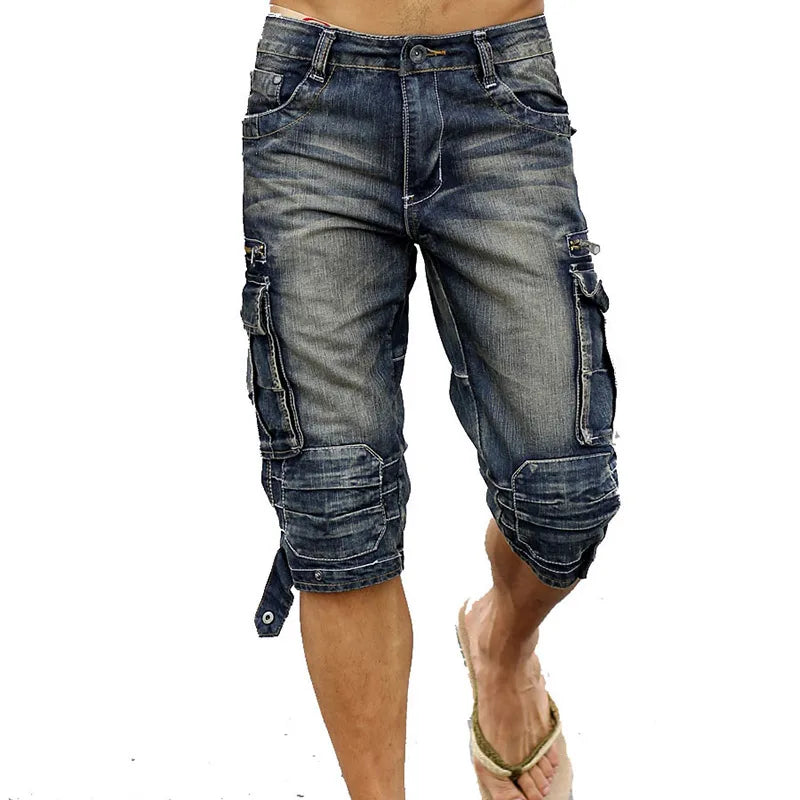 Casual Men's Cargo Denim Shorts-Retro Vintage Washed Slim Fit Jean-Mulit-Pockets-Military Biker Trousers For Male