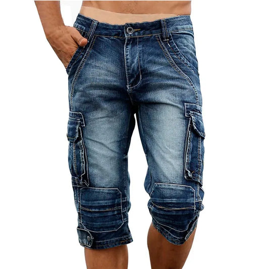 Casual Men's Cargo Denim Shorts-Retro Vintage Washed Slim Fit Jean-Mulit-Pockets-Military Biker Trousers For Male