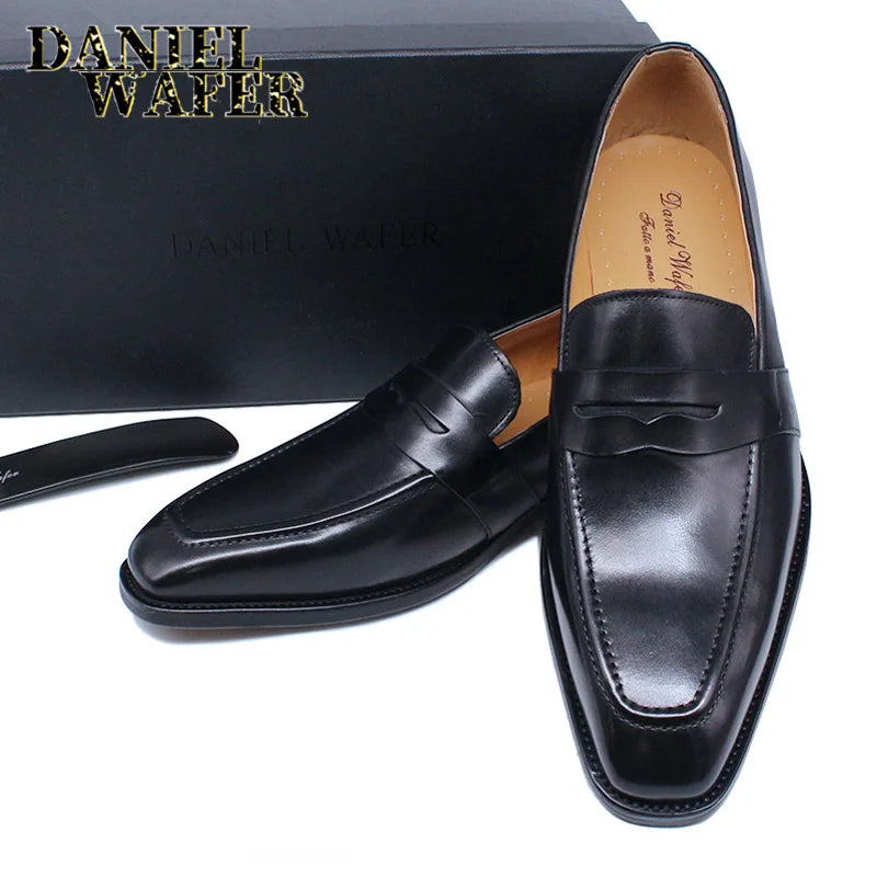 Luxury Men Loafers Shoes Genuine Leather Penny Loafer Slip On Pointed Toe - My Store