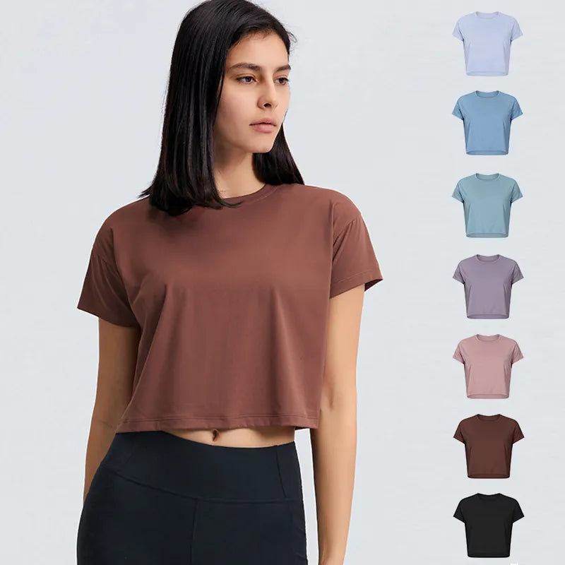 Loose Blouses Women Seamless Sport t-Shirts Sexy Yoga Crop Top Short Sleeve Running Shirts Solid Quick Dry Fitness Gym Crop Tops - My Store