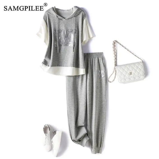 Summer Two Piece Sets For Women New Casual Sports Suit Hooded Embroidered Sweater+Pants Set 4XL