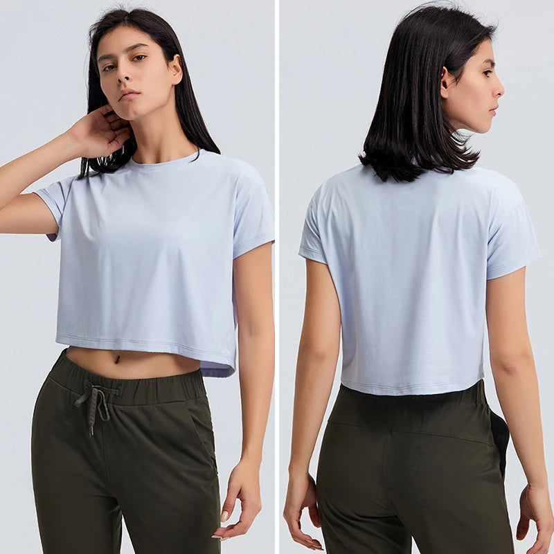 Loose Blouses Women Seamless Sport t-Shirts Sexy Yoga Crop Top Short Sleeve Running Shirts Solid Quick Dry Fitness Gym Crop Tops - My Store