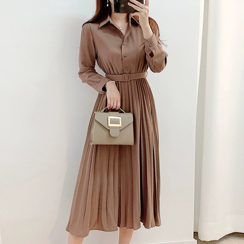 Chic Minimalist Elegant Lapel Long-Sleeve Pleated Dress - My Store