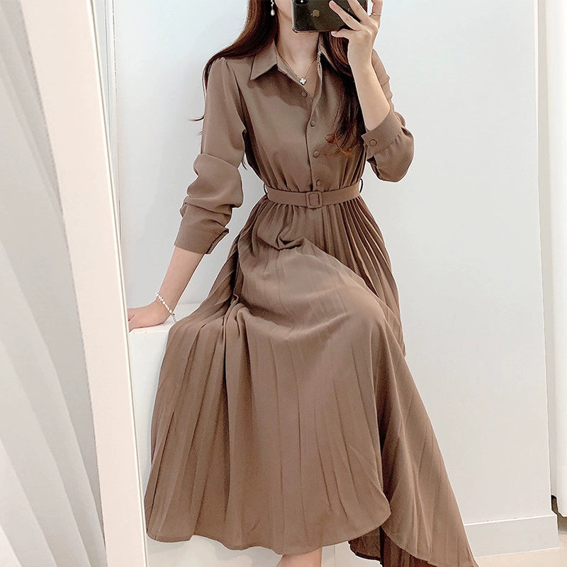 Chic Minimalist Elegant Lapel Long-Sleeve Pleated Dress - My Store