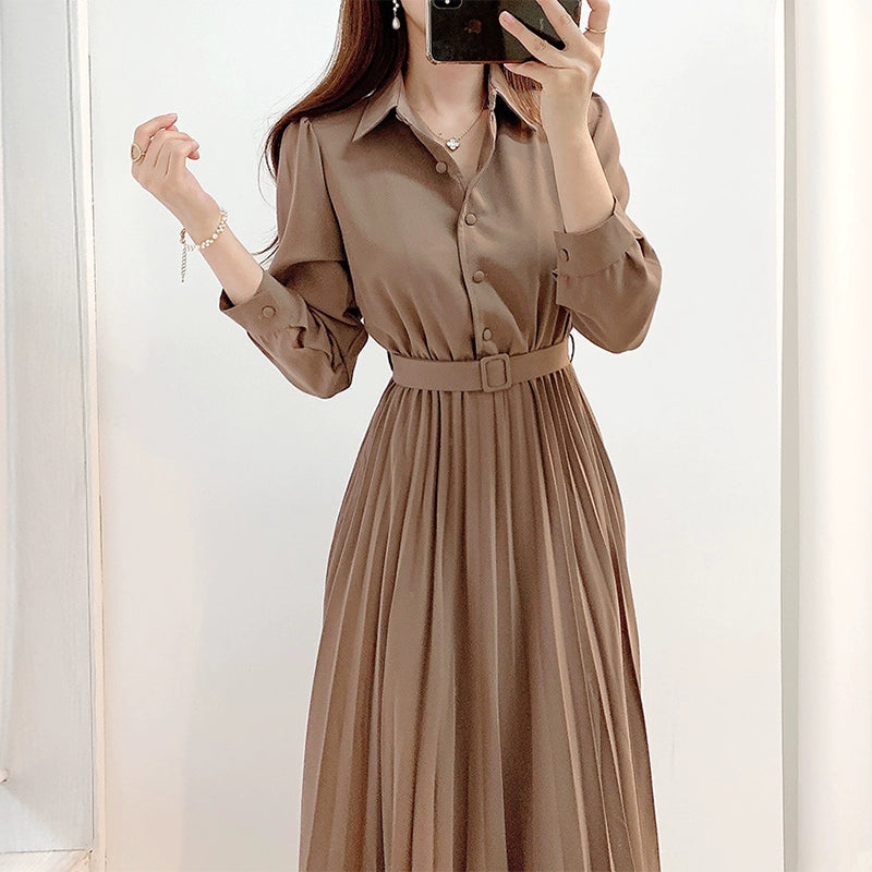 Chic Minimalist Elegant Lapel Long-Sleeve Pleated Dress - My Store