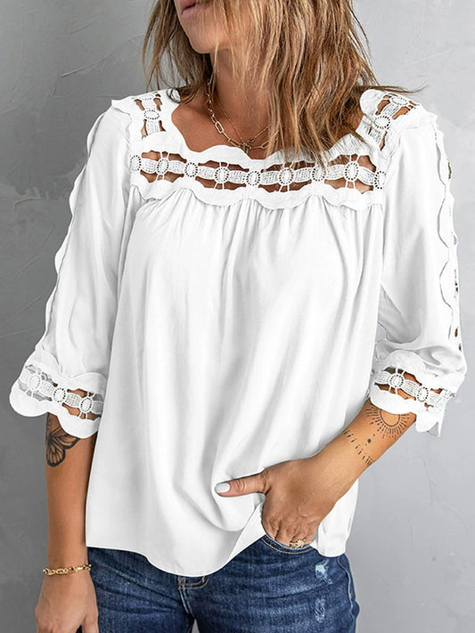 2024 Spring New Half Sleeve T-shirt-Women's Pure Color European and American-All-Matching Tops Loose Cut Out Square Collar Lace Shirt