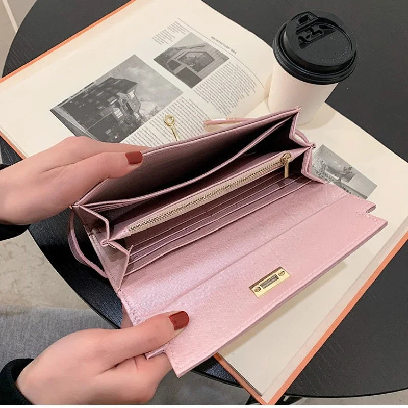 2024 Fashion Women's Wallet with Lychee Pattern and Lock Buckle-Long Wallet Luxury Cowhide-Solid Color-Card Holder Coin Purse