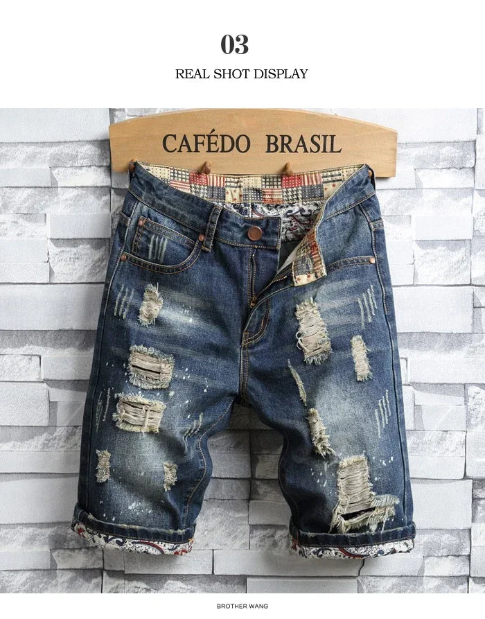 New Men Ripped Short Jeans Streetwear-Hole Straight Slim Casual Denim Shorts - My Store