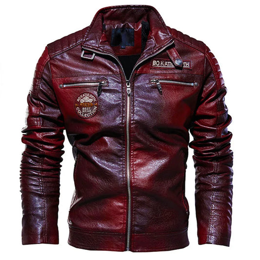 Green Leather Jacket Men-Winter Fleece Motorcycle PU-Bomber Jacket Stand Collar - My Store