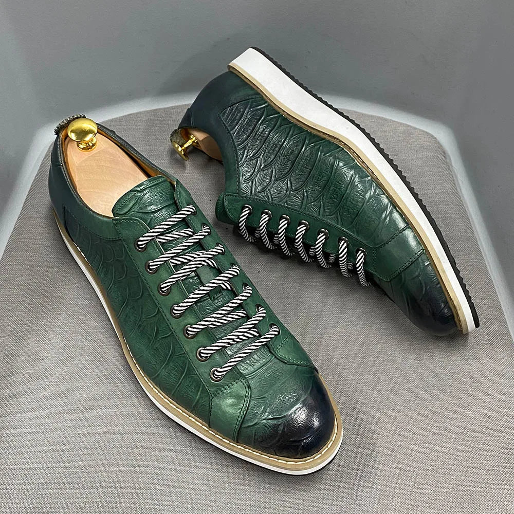 European Style Men's Casual Shoes Real Cow Leather Green Black Crocodile Print - My Store