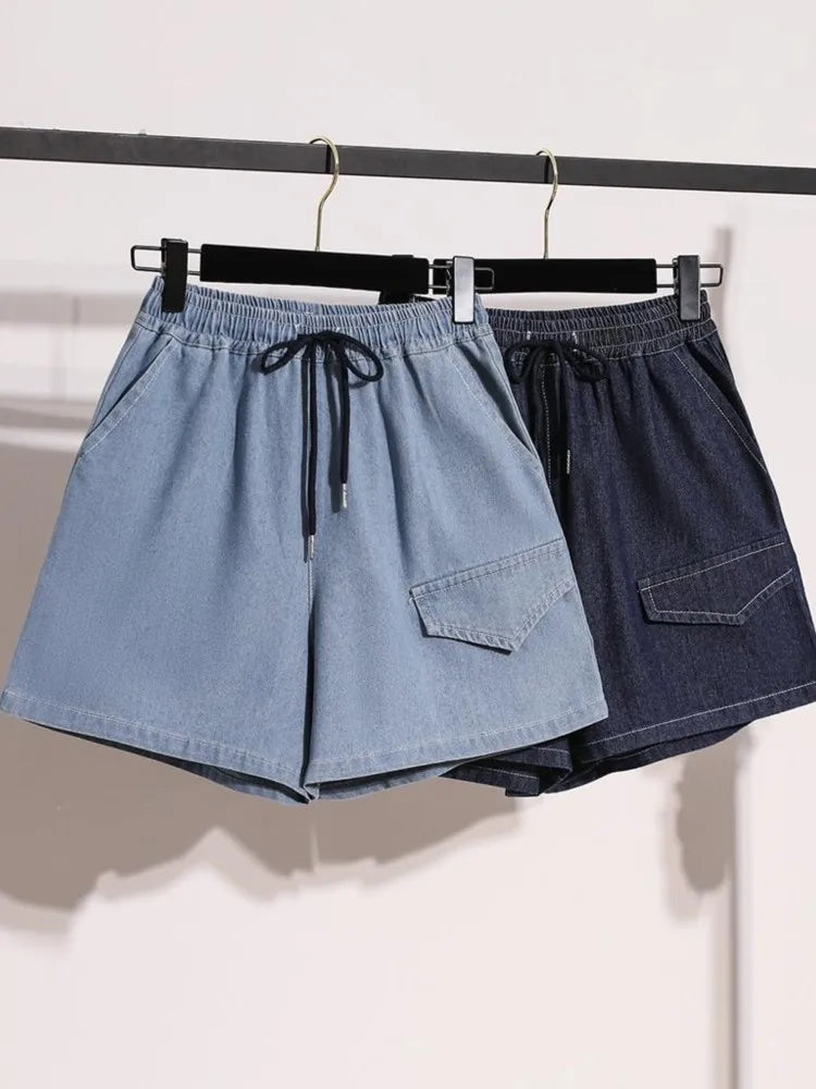 Plus Size Denim Summer Mini Elastic-High Waist Shorts Women-Wide Leg Loose Pleated Fashion Ladies