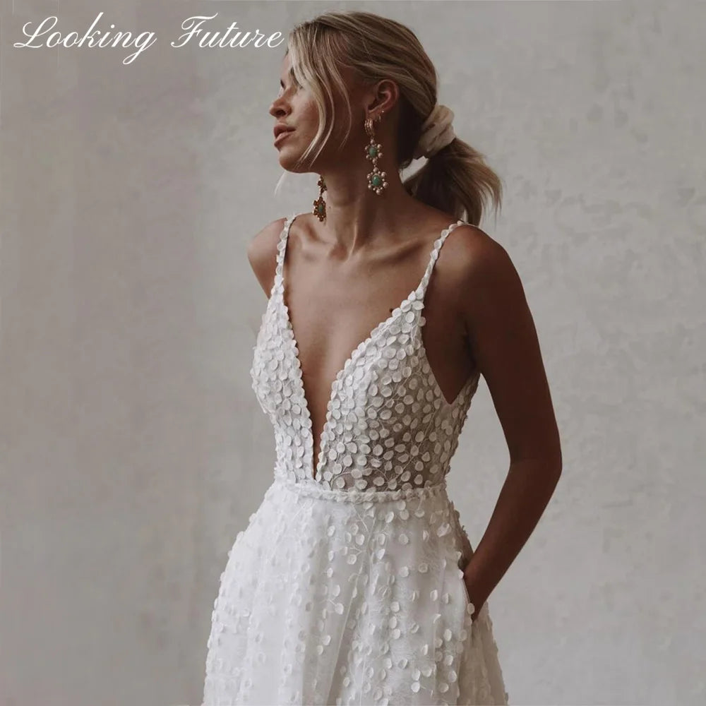 Tulle Wedding Dresse With Pocket-Deep V-Neck Spaghetti Strap Gown-Beach Open Back Sweep Train - My Store