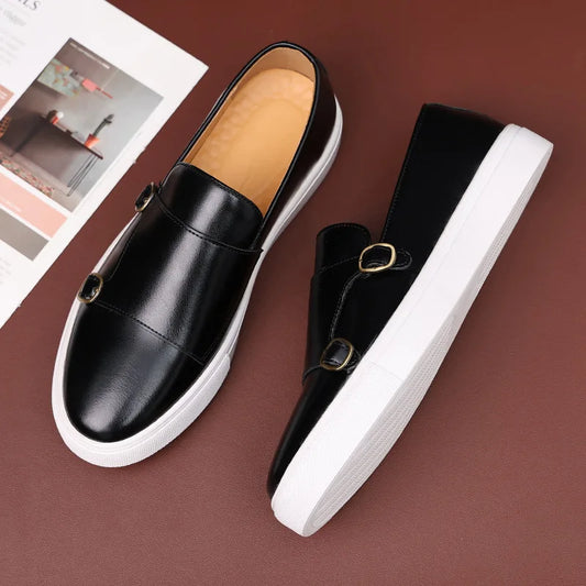 Men's Casual Shoes Leather Men's Retro British Style Loafers Slip-on Outdoor Flats Double Monk Business Daily Shoe