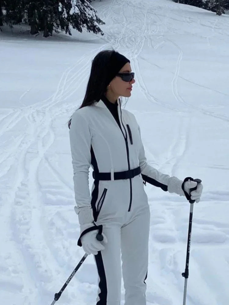 Winter Patchwork White Ski Jumpsuits-Women Fashion Waterproof Windproof Skiing-Overall 2024 Elegant Skateboard Jumpsuit