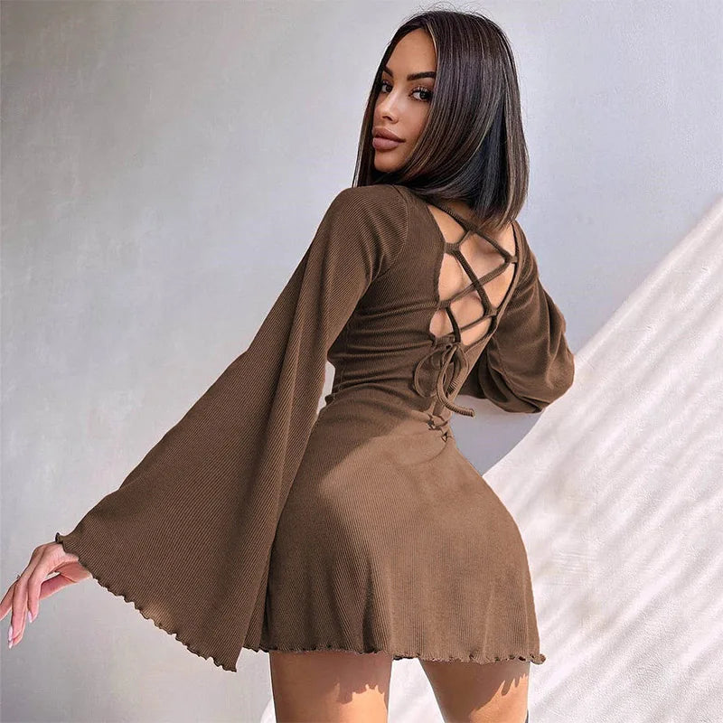 Sexy Dresses Nightclub Mini Short Party Dress Women Back Bandage O Neck A Line Flare Sleeves Autumn Vestidos Ladies Fall Robe - My Store