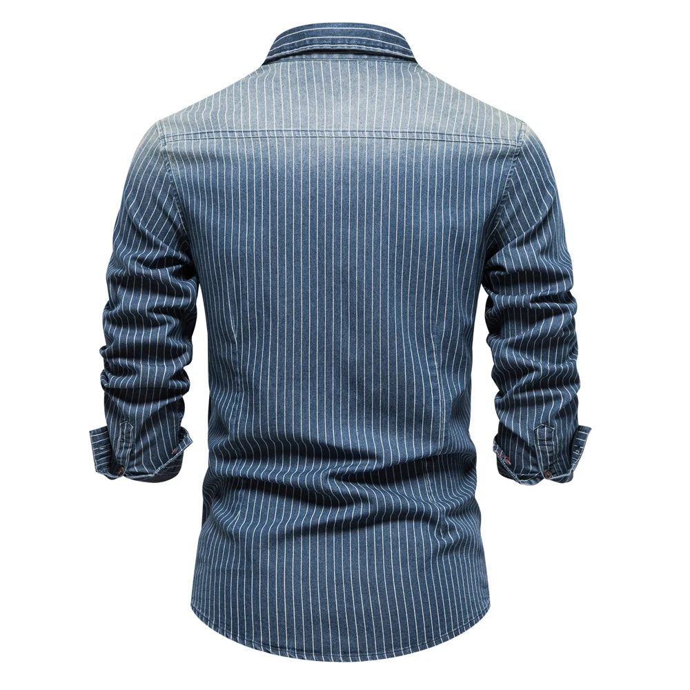 AIOPESON Cotton Men Denim Shirts Striped Stretch Long Sleeve High Quality Jeans Shirts for Men