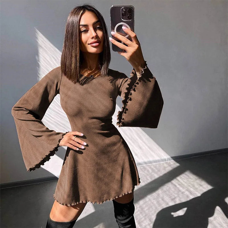 Sexy Dresses Nightclub Mini Short Party Dress Women Back Bandage O Neck A Line Flare Sleeves Autumn Vestidos Ladies Fall Robe - My Store