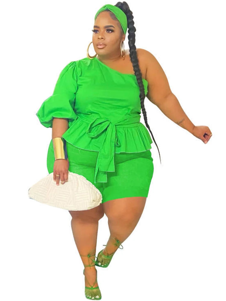 Summer Plus Size Women Clothing Two Piece Set Ruffled One Shoulder Top and Shorts Sets