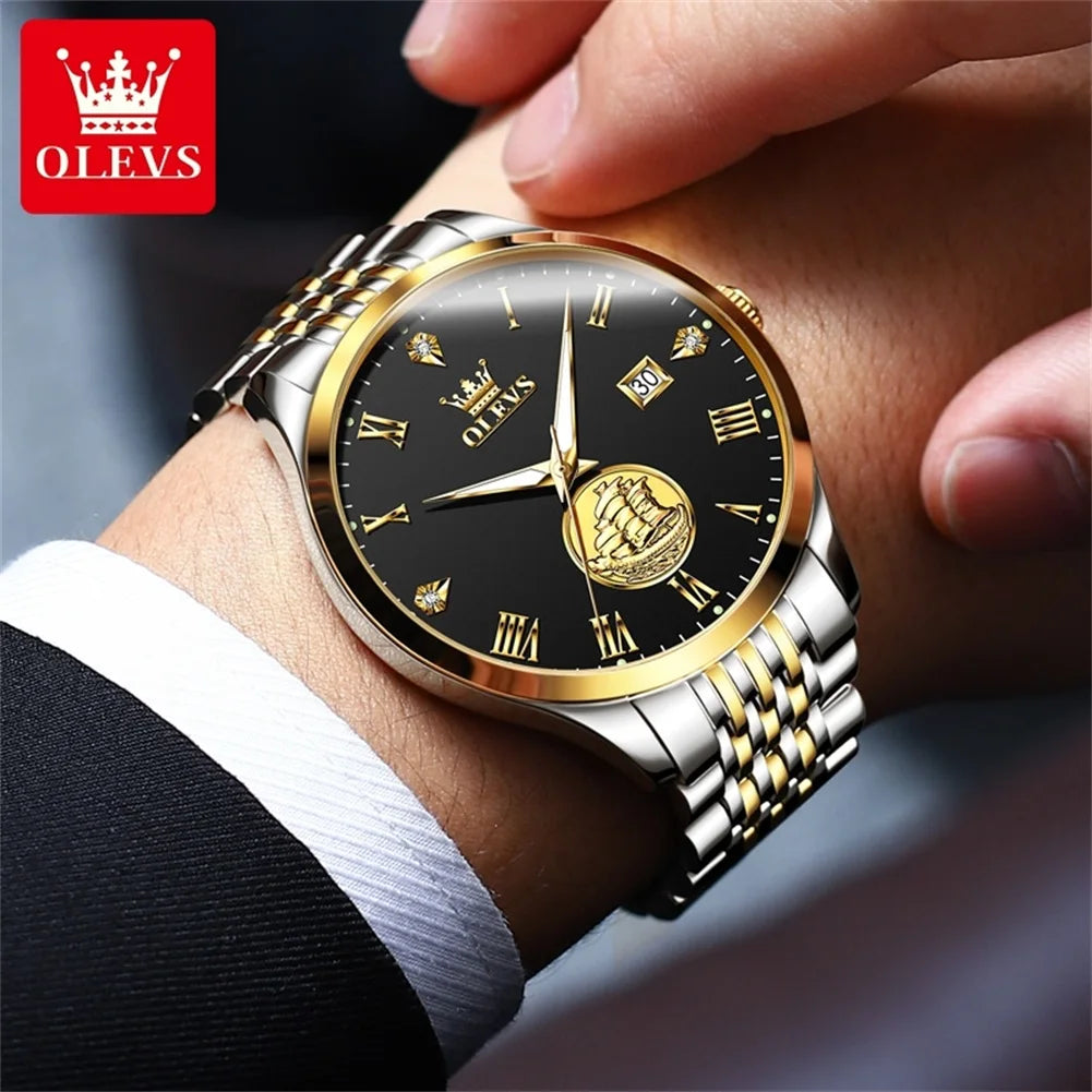 OLEVS 6696 Automatic Watch for Men Luxury Brand Real Gold Sailboat Stainless Steel Waterproof Date Men's Mechanical WristWatch - My Store