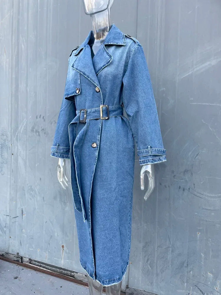 X-Long Denim Trench Coats For Women-Belt On Waist-Slim Jean Coats-Blue Jean Jacket Woman - My Store