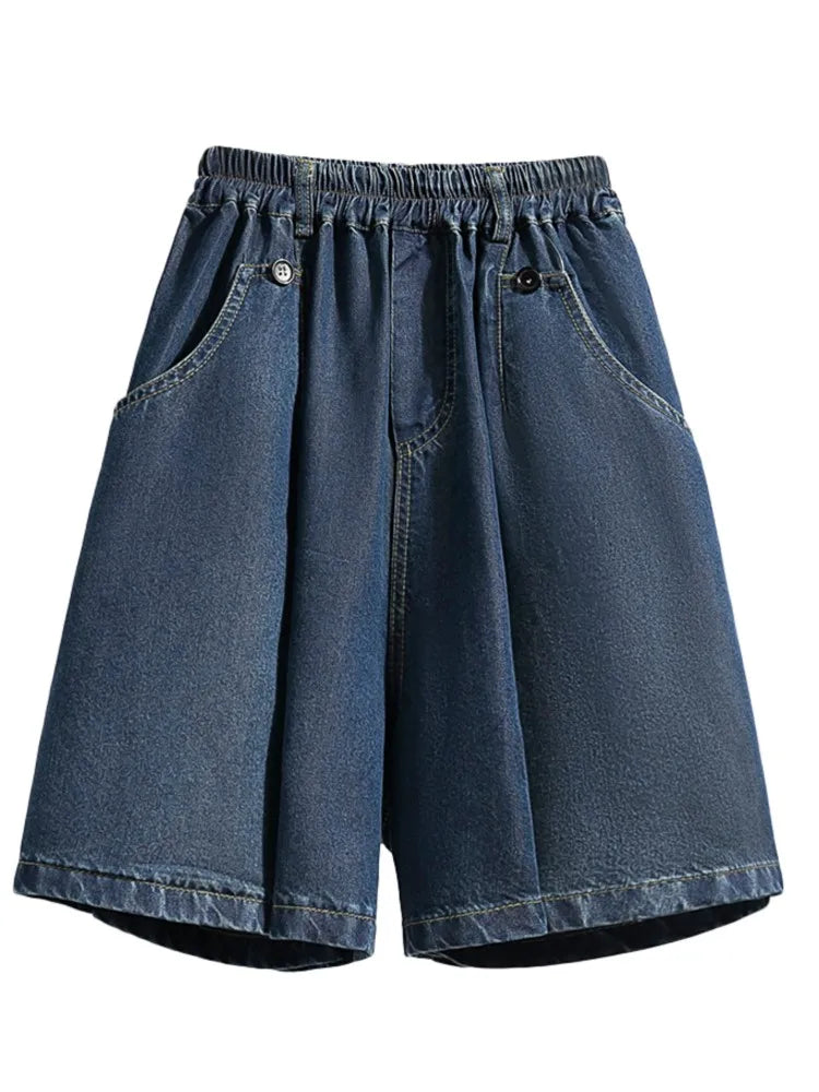 Jeans Plus Size Summer Denim Mini Short-Women Elastic High Waist-Loose Wide Leg Pleated Woman Short