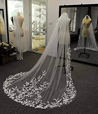 Wedding Veils 3D Flowers Floral Veil 1 Tier Long Cathedral Lace Edge Exquisite Petals Elegant