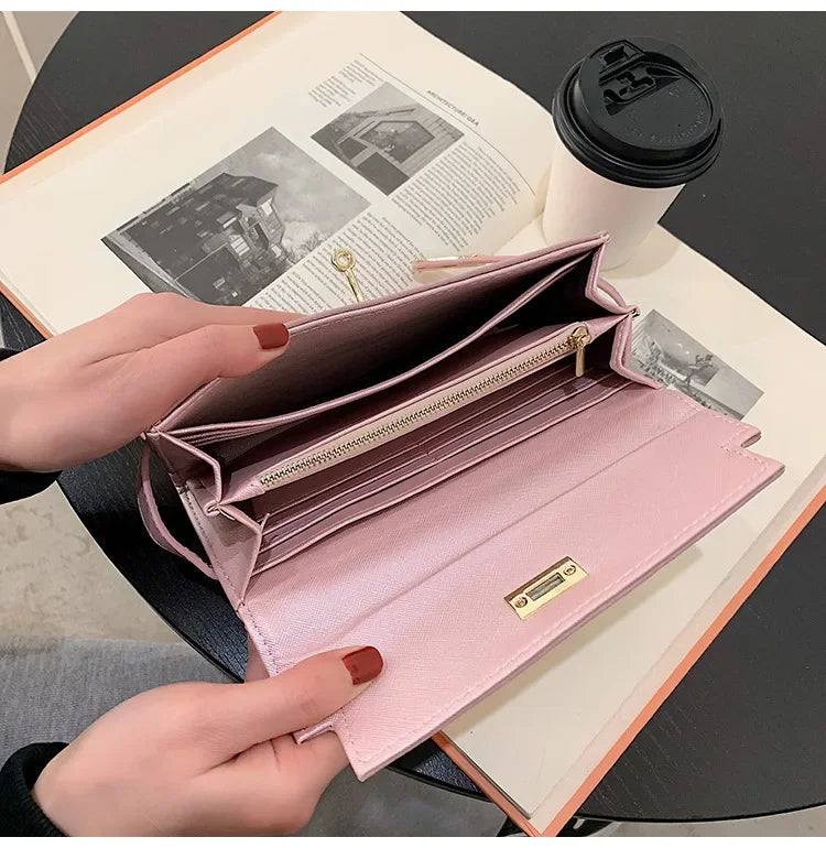 2024 Fashion Women's Wallet with Lychee Pattern and Lock Buckle-Long Wallet Luxury Cowhide-Solid Color-Card Holder Coin Purse