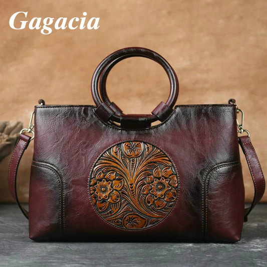 GAGACIA Women's Handbags High Quality Leather Shoulder Bag For Women Handmade Embossed Female Hand Bags