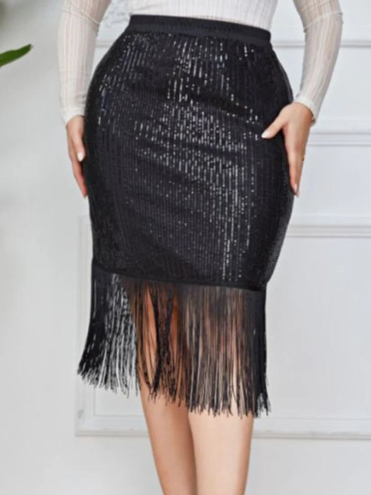 Glitter Sequins Plus Size Skirts for Women Black High Waist Package Hip Tassel Skirt 3XL 4XL