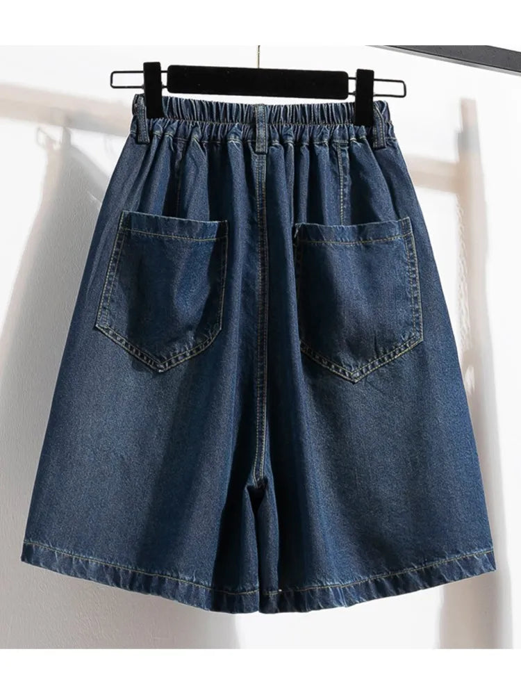 Jeans Plus Size Summer Denim Mini Short-Women Elastic High Waist-Loose Wide Leg Pleated Woman Short