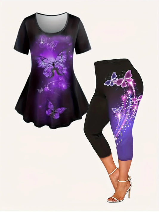 Plus Size  Ladies Suit Popular Leisure Butterfly Print Oversize Round-Necked Short-Sleeved T-Shirt Pants