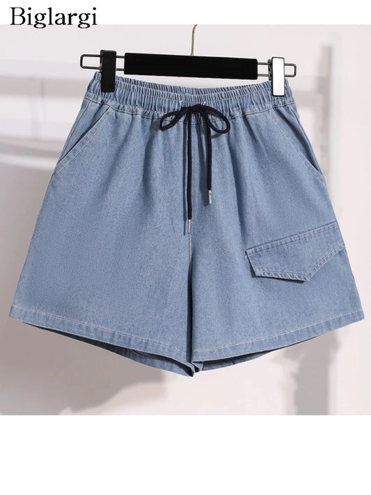 Plus Size Denim Summer Mini Elastic-High Waist Shorts Women-Wide Leg Loose Pleated Fashion Ladies