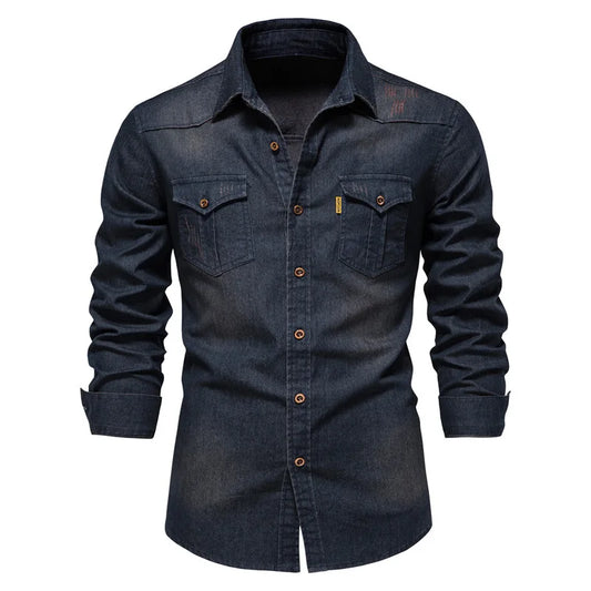 100% Cotton-Men's Denim Long Sleeve Shirt-Four Seasons-New Business Fashion Retro