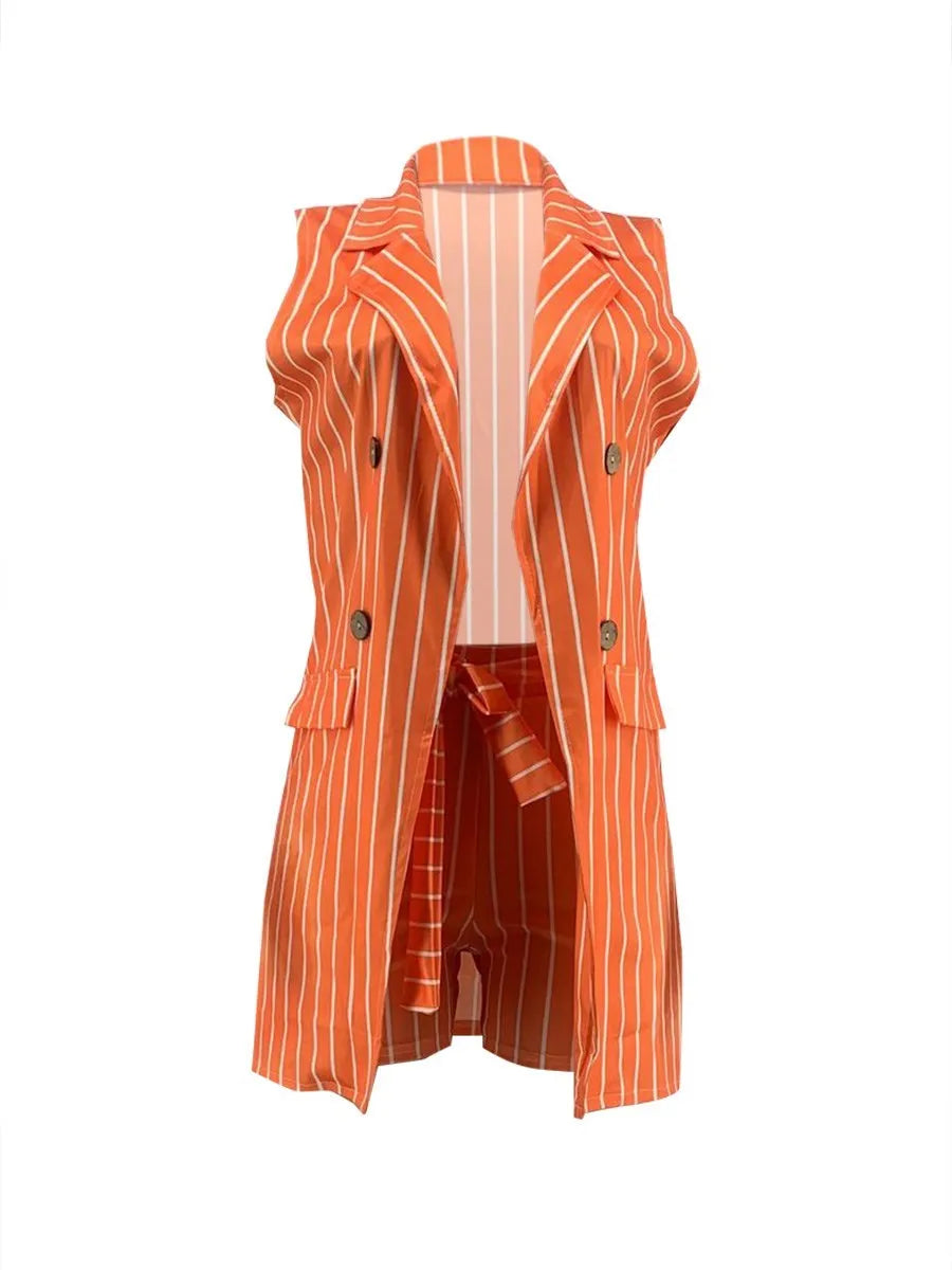 LW Plus Size Woman Clothes Office Lady Two-Piece Striped Bandage Design Small Suit Vest Jacket + Shorts Set (Without T-shirt)