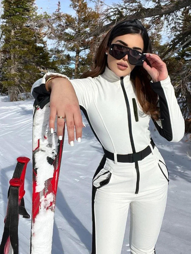 Winter Patchwork White Ski Jumpsuits-Women Fashion Waterproof Windproof Skiing-Overall 2024 Elegant Skateboard Jumpsuit