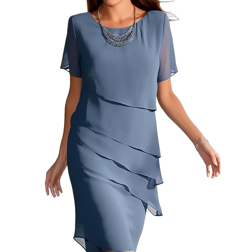 Women's Work Sheath Chiffon Dress-Midi Dress-Layered Crew Neck Short Sleeve Plain Loose Fit - My Store