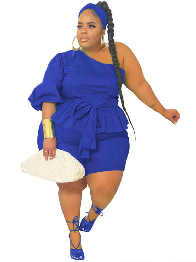 Summer Plus Size Women Clothing Two Piece Set Ruffled One Shoulder Top and Shorts Sets