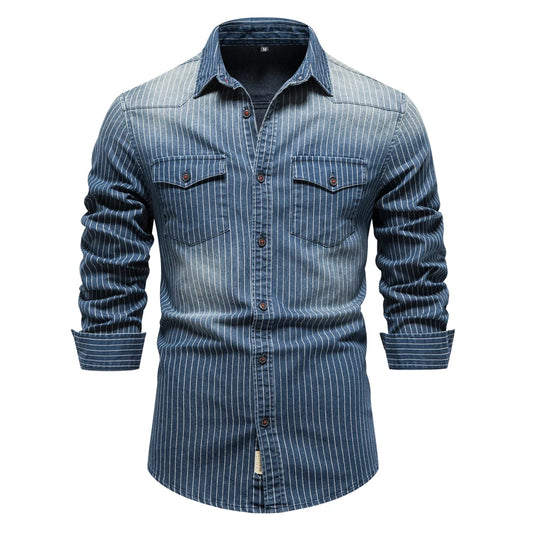 AIOPESON Cotton Men Denim Shirts Striped Stretch Long Sleeve High Quality Jeans Shirts for Men