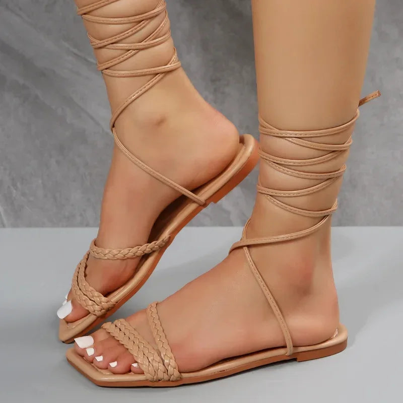 Shoes for Women 2024 Summer Fashion Open Toe Flat Sandals Sexy Solid Color Lace Up - My Store