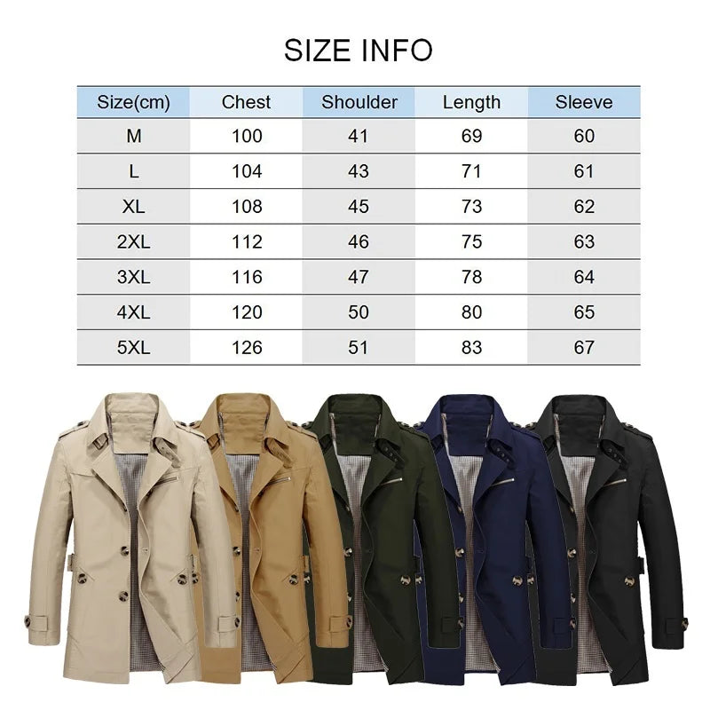 Men's Business Windbreaker Long Jackets Pure Cotton Trench Coats Casual 2024