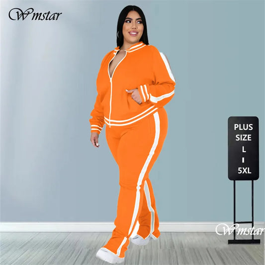 Plus Size L-5XL Two Piece Set Women Sweatsuit Zip Striped Top Slit Sweatpants Jogger Outfit