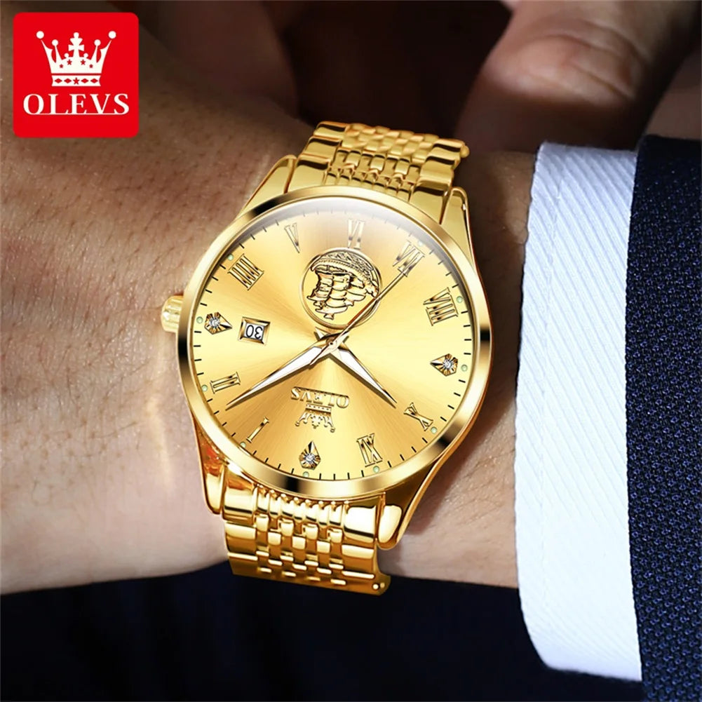 OLEVS 6696 Automatic Watch for Men Luxury Brand Real Gold Sailboat Stainless Steel Waterproof Date Men's Mechanical WristWatch - My Store