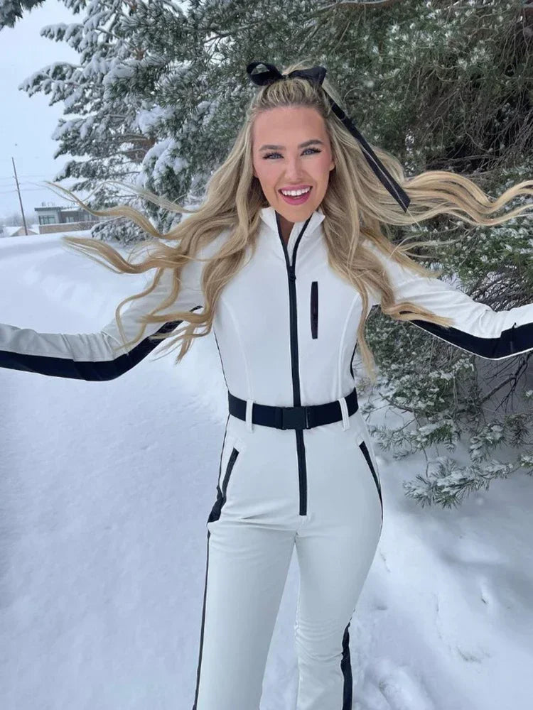 Winter Patchwork White Ski Jumpsuits-Women Fashion Waterproof Windproof Skiing-Overall 2024 Elegant Skateboard Jumpsuit