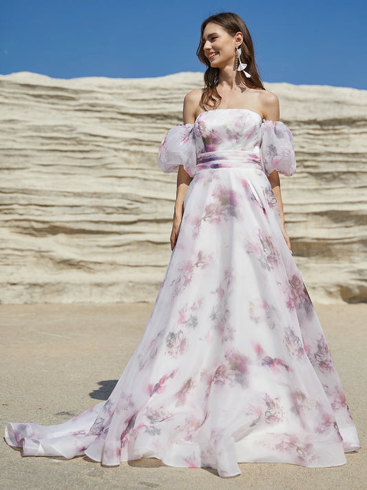 Pink Floral Wedding Dresses 2024 for Women Lace up Back with Puffy Sleeves - My Store